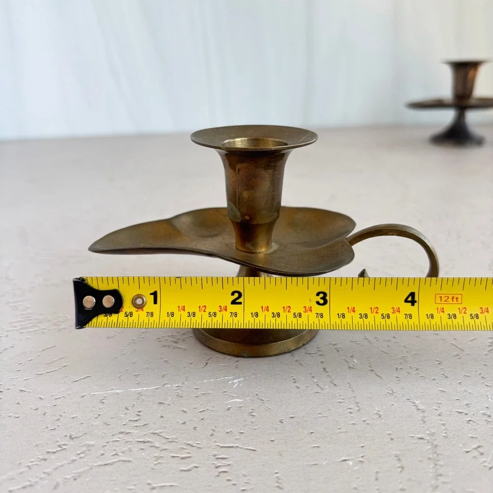 Vintage Brass Leaf Chamberstick Candle Holder Pair with Finger Loop Handle